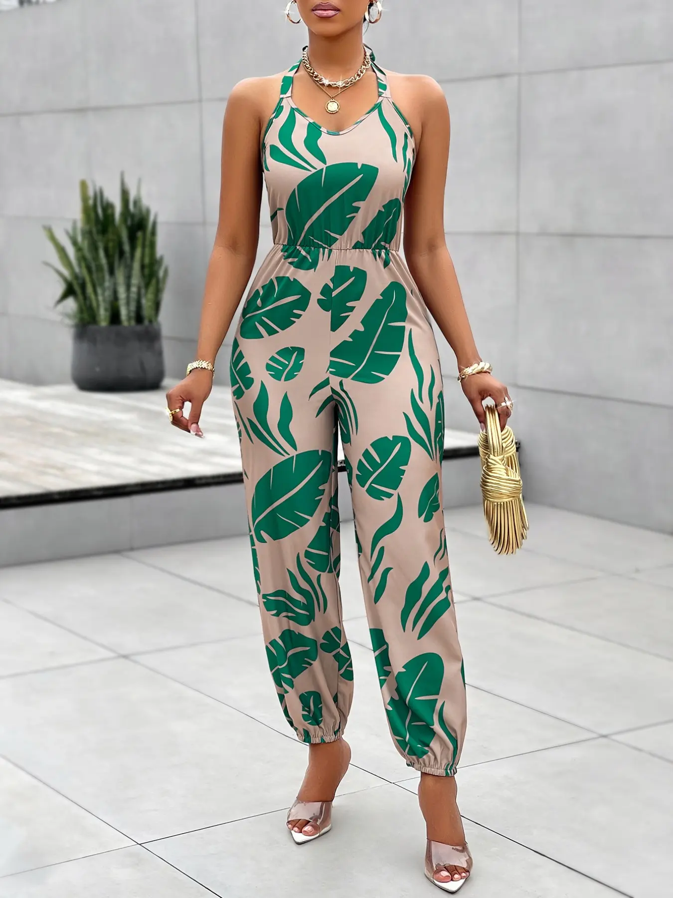 Summer Women's Floral Print Bodycon Jumpsuit Halter Neck Backless Sleeveless High Waist Fit Long Pants Sexy Jumpsuit Floral Jumpsuits Fashion Elegant Chic Female Clothing Fitted Womenswear