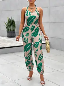 Summer Women's Floral Print Jumpsuit Halter Backless Sleeveless High Waist Fit Long Pants Sexy Jumpsuit Fashion Elegant Chic Female Clothing