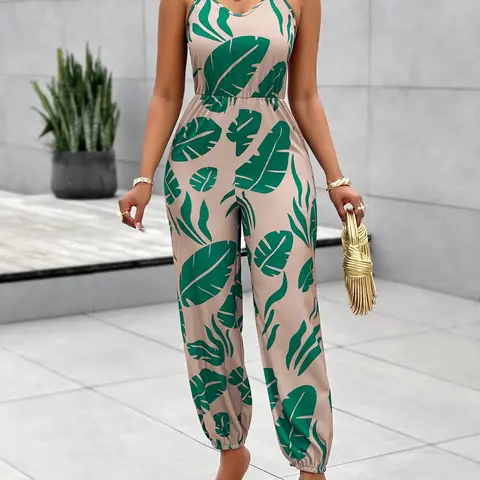 Summer Women's Floral Print Bodycon Jumpsuit Halter Neck Backless Sleeveless High Waist Fit Long Pants Sexy Jumpsuit Floral Jumpsuits Fashion Elegant Chic Female Clothing Fitted Womenswear