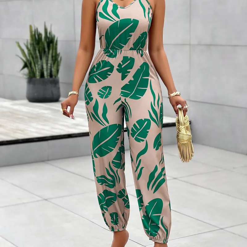 Summer Women's Floral Print Bodycon Jumpsuit Halter Neck Backless Sleeveless High Waist Fit Long Pants Sexy Jumpsuit Floral Jumpsuits Fashion Elegant Chic Female Clothing Fitted Womenswear