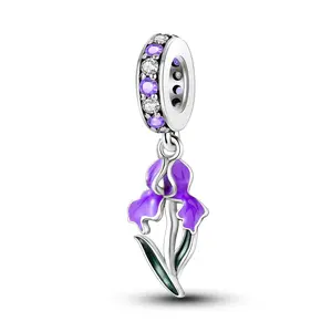 MULA 925 Silver-plated Iris Flower Pendant | Hand-painted Enamel and Sparkling Zirconia | Nature Style Floral Jewelry | Suitable for Pandora Bracelets and Necklaces | Elegant Gift for Women and Flower Lovers