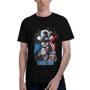 Uncle Sam Skull Illustration, Patriotic American Flag Colors, Pointing Finger Pose, Flame And Star Accents, Bold "UNCLE SAM" Text, White T-Shirt Print, Edgy Patriotic Streetwear, 4th Of July Apparel, American Pride Graphic