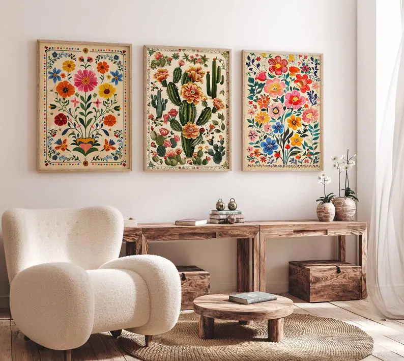 Vintage Set of 3 Mexican Posters, Mexican Prints, Mexican Decor, Traditional Latin Decor, Floral Print, Botanical Wall Art, Tropical Print