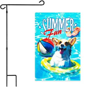 G128 Combo Pack: Garden Flag Stand Black 36x16 Inch & Garden Flag Summer Fun with Dog in Pool 12x18 Inch
