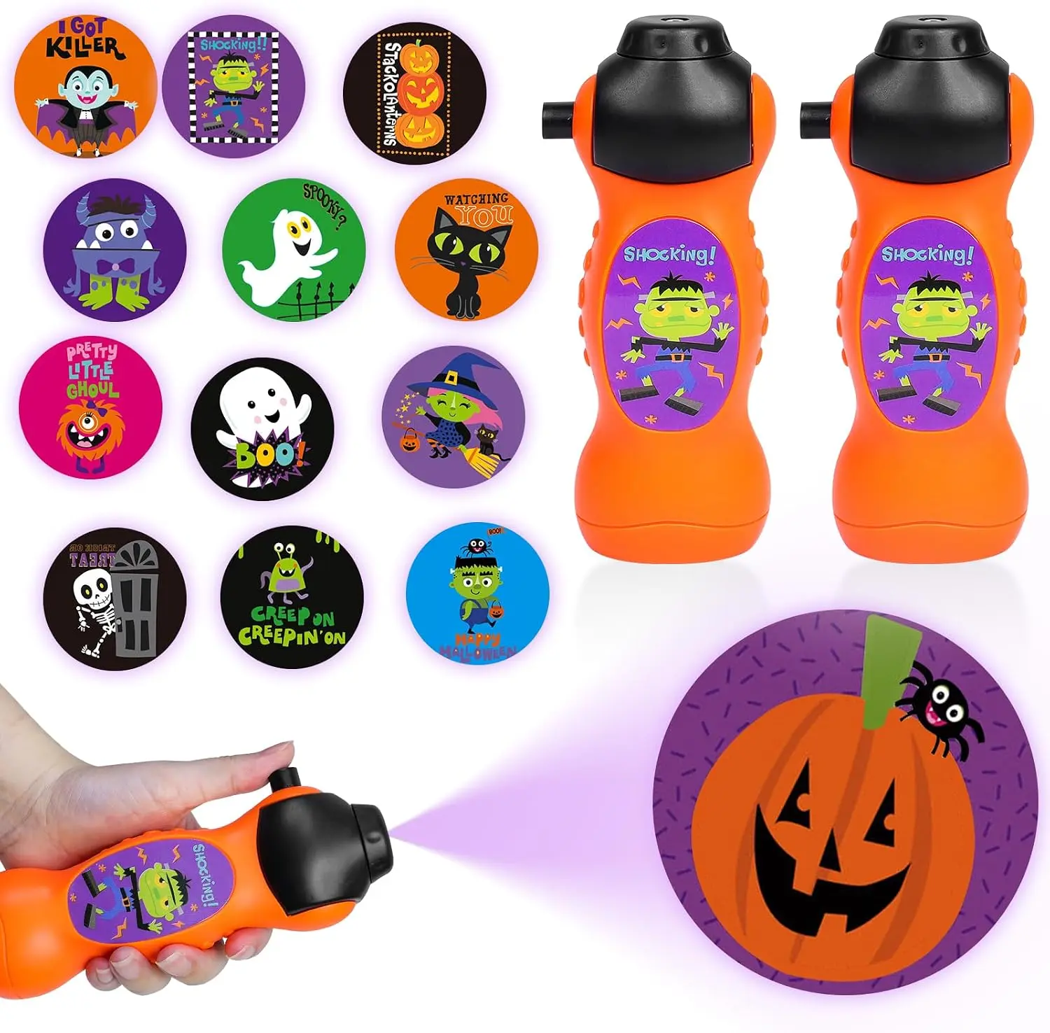 2-Pcs Halloween Projector Toy Bulk Set with Plastic Body, 24 Pumpkin Themes & Ghost Images, Flashlight Torch for Kids Party Decor, Favors & Classroom Prizes