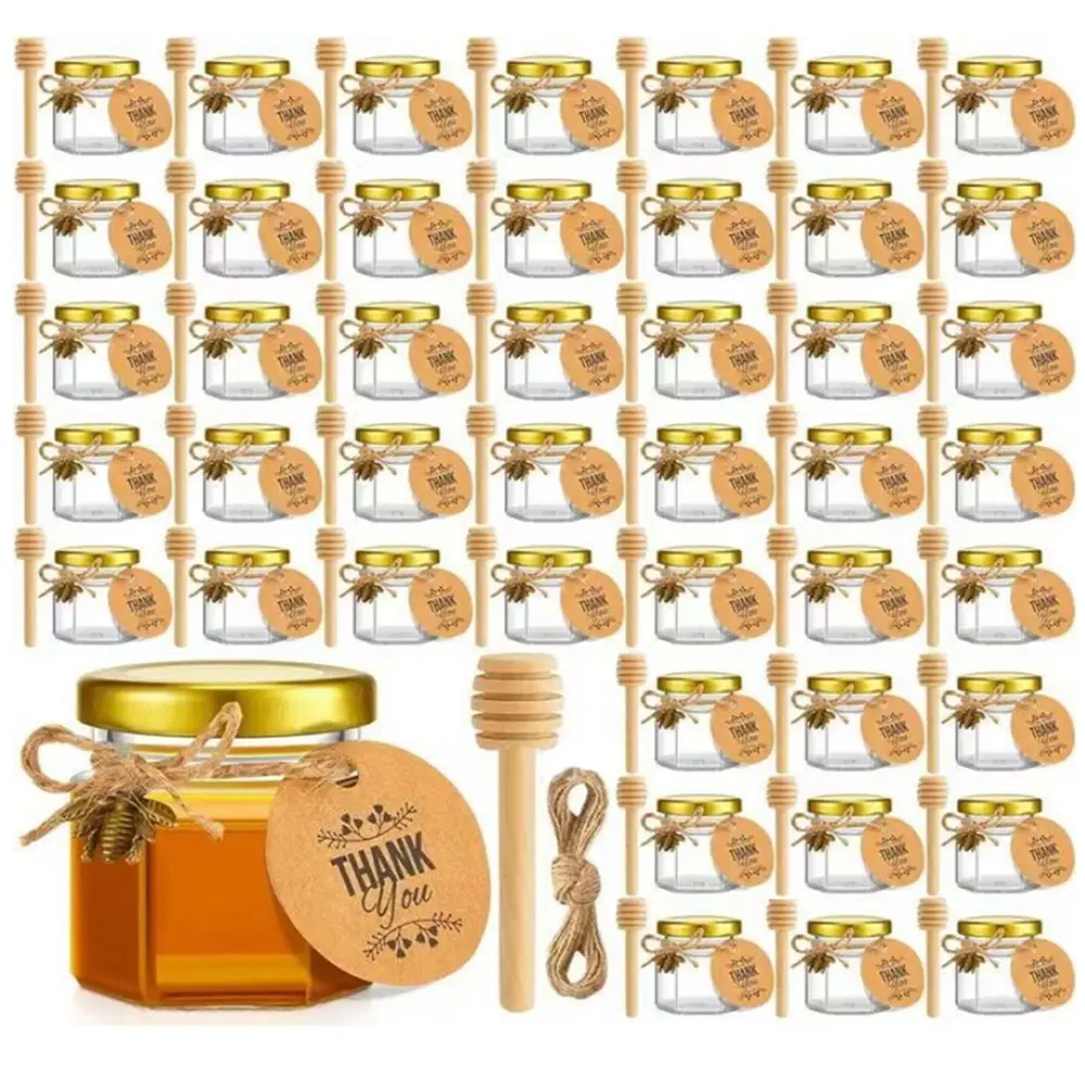 1.5 oz Mini Hexagon Glass Honey Jars Set with Gold Lids Canister - Kitchen Utensils, Bee-Themed Accessories, Wooden Dippers, Thank You Tags, Rope, Lid Stickers - Single-Serve Preserving Containers for DIY Gifts, Thanksgiving & Wedding Favors