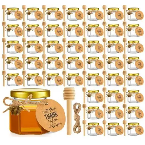 1.5 oz Mini Hexagon Glass Jars Set with Gold Lids Canister - Kitchen Utensils, Charming Bee-Themed Accessories, Wooden Dippers, Thanksgiving Tags & Stickers, Jute Rope, EPE Foam Protective Packaging - Single Serve Preserving Containers for DIY Gift Bags