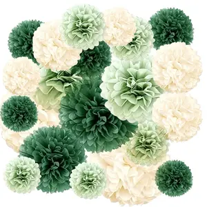 21pcs Sage Green and Off-White Floral Tissue Paper Pom Poms, Large Hanging Paper Flowers Decor for Boho Wedding, Birthday, Christmas, Bridal Shower, Party, Holiday & Home Decorations, Party Decor Supplies