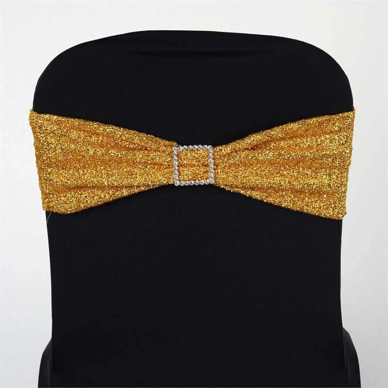 5-Pack Gold Metallic Shimmer Tinsel Spandex Chair Sashes - Stretch Chair Bands, Machine Washable, Hang to Dry for Wedding Events, Party Gatherings, Graduation