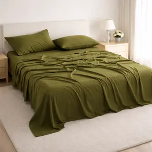 HTA Bamboo Bed Sheet Set – Silky Soft & Cooling, Deep Pocket Fitted Sheet, Pillowcases Included, Army Green, Luxurious Synthetic Silk Feel
