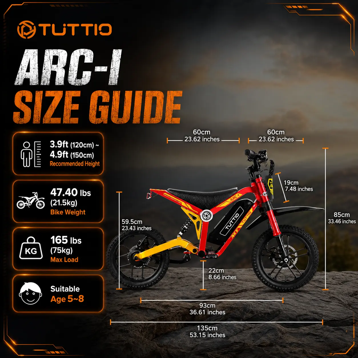TUTTIO ARC-I Kids Electric Bicycle with 16" Wheels, Aluminum Frame, Shock Absorbers, Child Sizes Dirt Bike Full Face Helmet for E-Biking, Multi-Gear Modes, Off-Road Rides Protective Gear Adventure