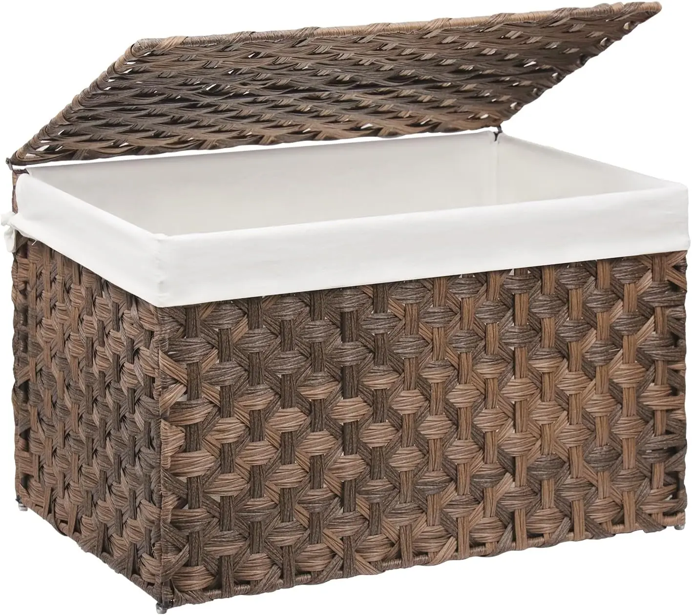 Wicker Storage Basket with Lid, 52.8 Gallon (200L) Large Blanket Basket with Lid, Woven Storage Bin with Handles, Removable Liner, Metal Frame, Foldable, for Bedroom, Laundry Room, Brown