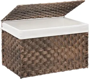 Wicker Storage Basket with Lid, 52.8 Gallon (200L) Large Blanket Basket with Lid, Woven Storage Bin with Handles, Removable Liner, Metal Frame, Foldable, for Bedroom, Laundry Room, Brown