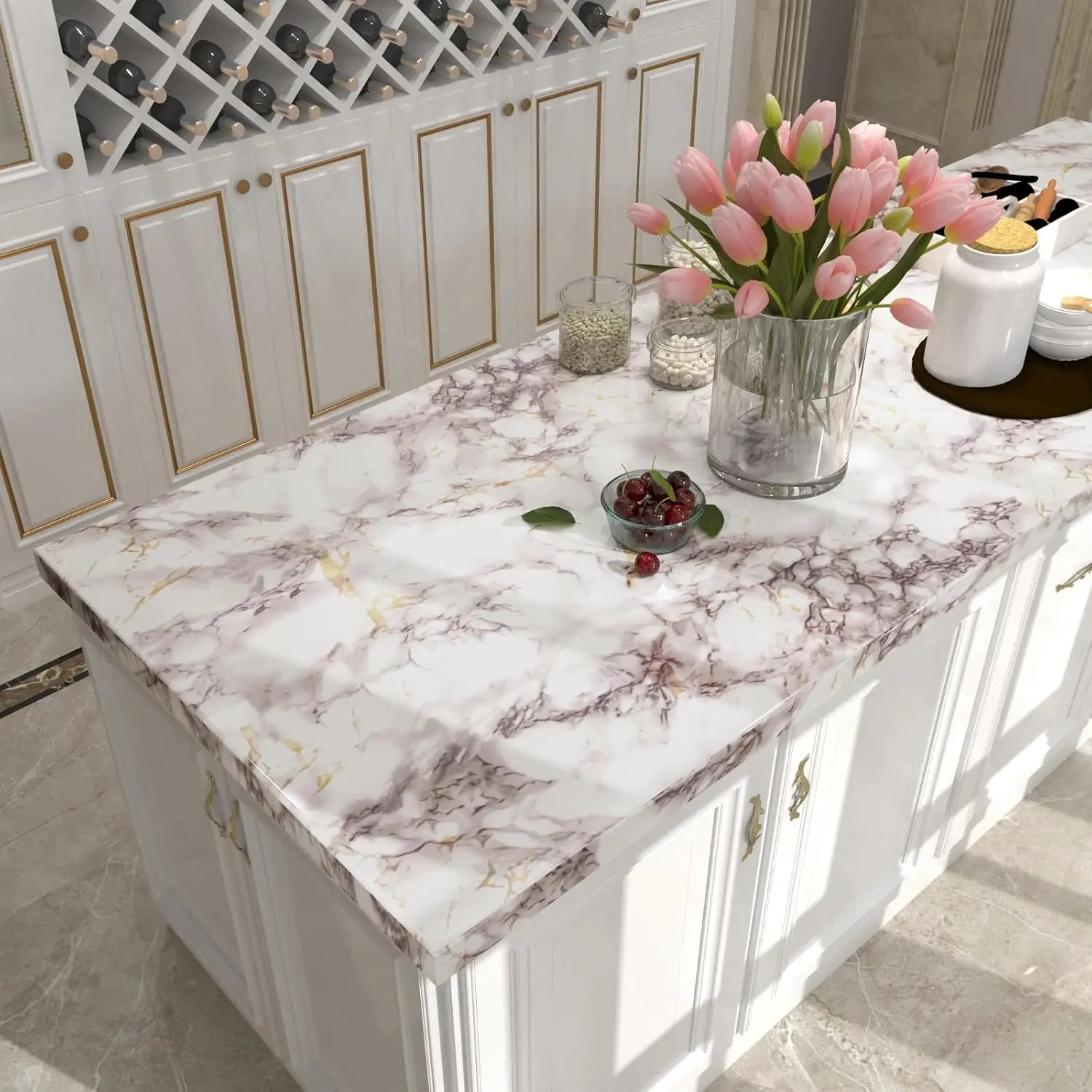 Marble Contact Paper for Countertops, Glossy Peel & Stick Design, Easy Installation for Kitchen/bathroom Decor, Durable Surface Protection
