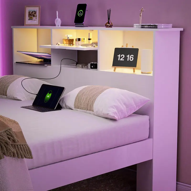 Queen Size Headboard Only for Bedroom, Wood Bookcase Headboard with Charging Station & LED Lights, Stylish Queen for Queen Size Bed, Noise-Free with Storage