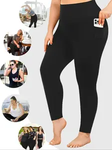 Plus Size High Waist Micro Stretch Outerwear Pants, Side Pocket Sporty Commuter Tummy Control Slimming Versatile Tight Fit, Athleisure Style Bottoms