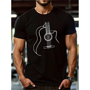 100% cotton melody and guitar chord T-shirt - Loose black short-sleeved shirt with musical staff and treble clef design, pre-shrunk and soft round-neck musician shirt, guitarist gift