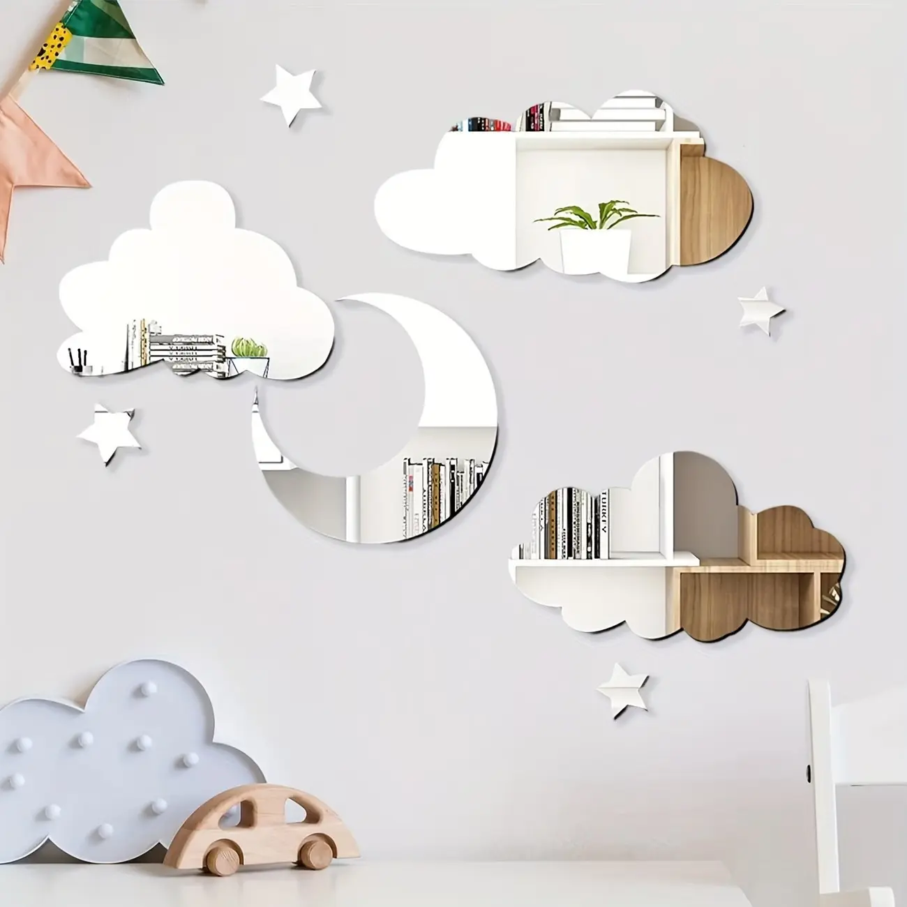 8pcs Silver Combo Acrylic Reflective Mirror Wall Stickers, Cloud & Moon Shaped Self-Adhesive Removable DIY Wall Full-Length Mirror & Vanity Mirror Decor, Suitable for Modern Bathroom, Bedroom, and Living Room Decor, Home Decor Sticker Set