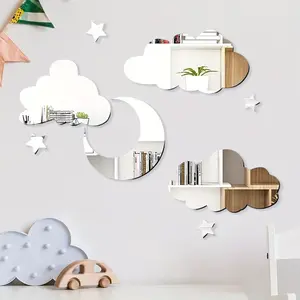 8pcs Silver Combo Acrylic Reflective Mirror Wall Stickers, Cloud & Moon Shaped Self-Adhesive Removable DIY Wall Full-Length Mirror & Vanity Mirror Decor, Suitable for Modern Bathroom, Bedroom, and Living Room Decor, Home Decor