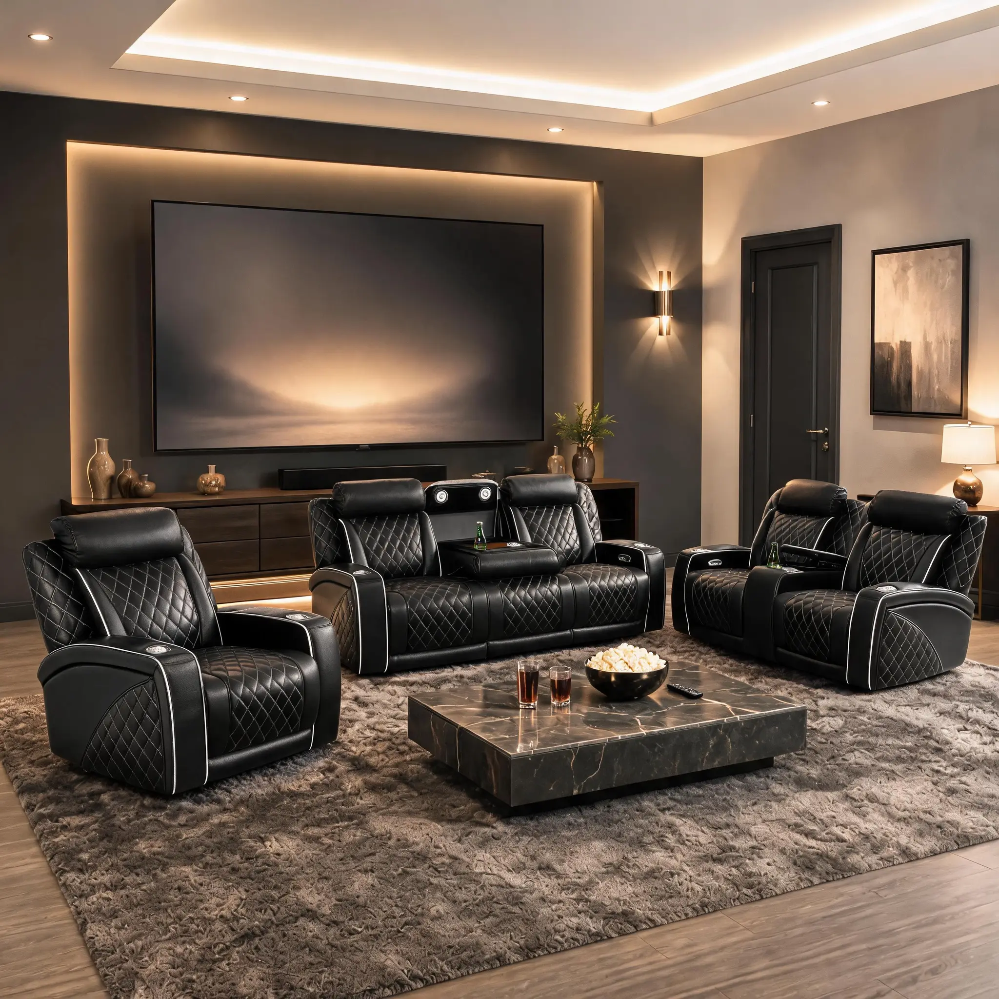 Aainehome Modern LED Black Leather 3-Piece Electric Recliner Sofa Set, Breathable Living Room Furniture with 110-115 Degree Tilt Adjustable Backrest & Storage Power Reclining bedroom lounge apartment small payless