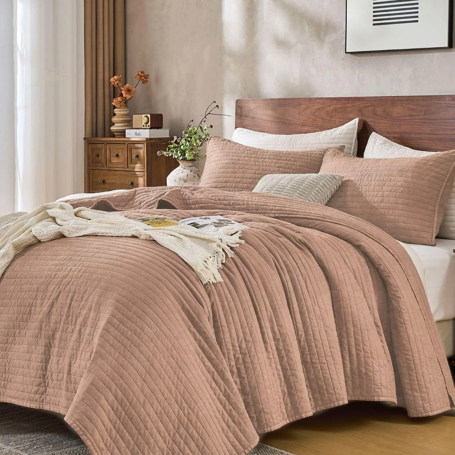 Queen Quilt Bedding Set with Shams, Vintage Washed Soft Quilted Blanket Thin Comforter Lightweight Bedspread Coverlet Bed Cover, Brushed Microfiber Stripe