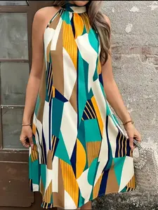 Women's Elegant Off-Shoulder Geometric Pattern Sleeveless Dress, A-Line Knee-Length Summer Casual Wear, Light Fabric