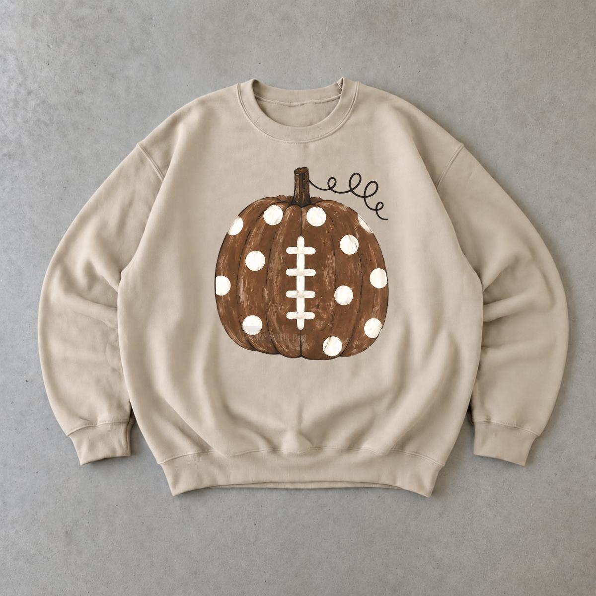 Football Pumpkin Sweatshirt, Polka Dot Fall Crewneck, Cute Game Day Pumpkin Shirt, Autumn Football Season Pullover, Cozy Thanksgiving Sports Outfit for Women -DF