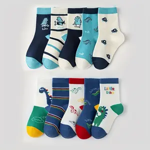 New10 Pairs Kids Cartoon Dinosaur Crew Socks, Breathable Polyester Blend (95% Polyester, 5% Spandex), Hand Wash Only, Spring/Summer Knit Fabric, for Children Aged 1-14 Years Autumn and Winter