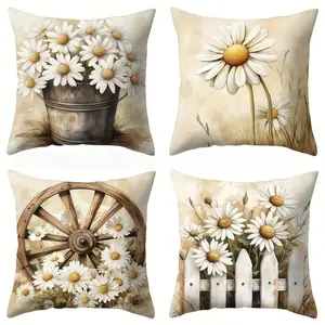 4pcs, Spring Themed Throw Pillow Covers, Farmhouse and Daisy Flower Pattern, Suitable Spring Living Room, Bedroom, Sofa and Bed Decoration, Cute Throw Pillow Covers, Single Sided Printing, No Pillow Core, Complete Set