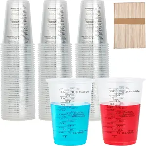 100 Pack 10oz Plastic Disposable Measuring Mixing Cups with 100 Wooden Mixing Sticks, Ideal for Epoxy Resin, Liquid Measuring, Paint, Cooking and Baking