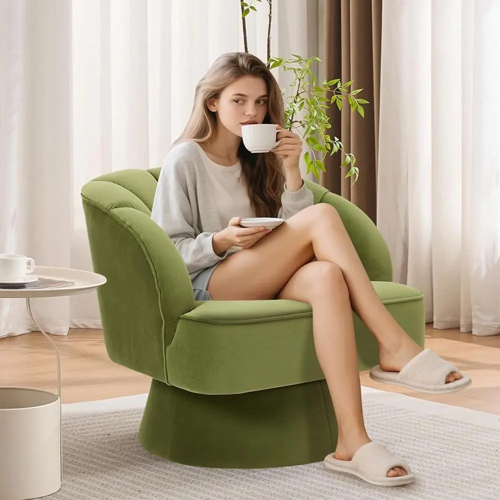GARVEE Modern Swivel Barrel Accent Chair, 360 Degree Velvet Upholstered Armchair with Striped Backrest & Plush Padding, Comfy Round Lounge Chair for Living Room, Bedroom, Reading Nook, Green