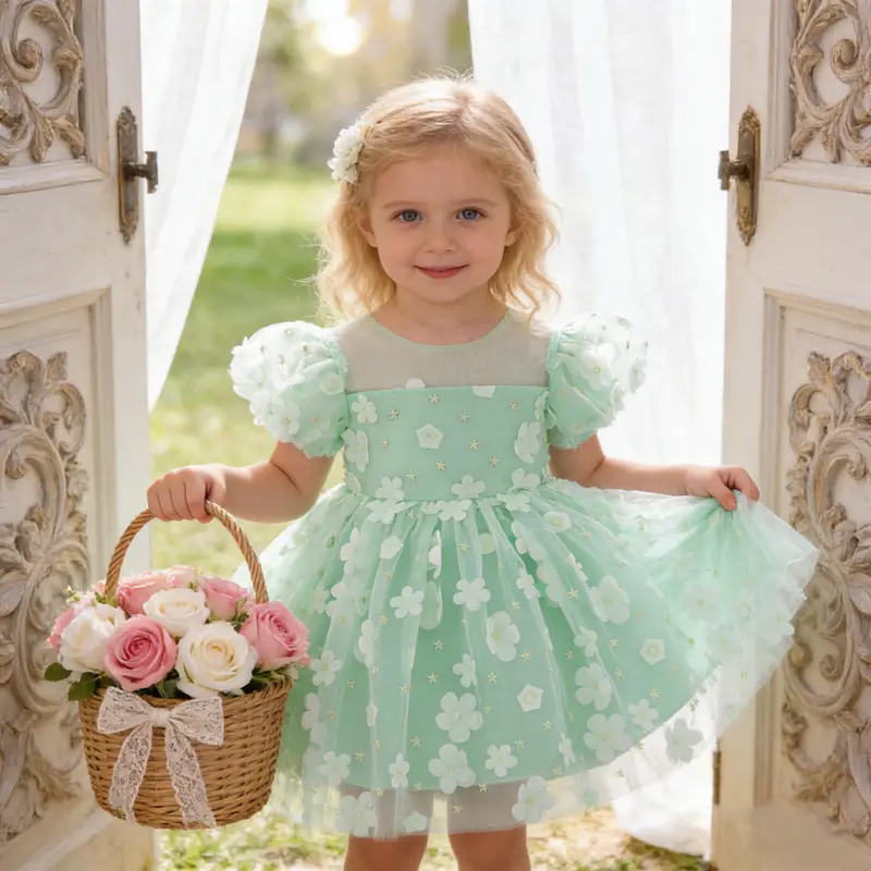 george green dress Sheer Neck Pleated Dusty Blue Tulle Wedding Flower Girl Dress 2T main image 0
