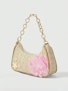 Bohemian Style Straw Shoulder Bag, Handbag Sling Bag, Handmade Beaded Sequins Hibiscus Shell DIY Decor, Perfect for Vacation/daily Use, All Seasons