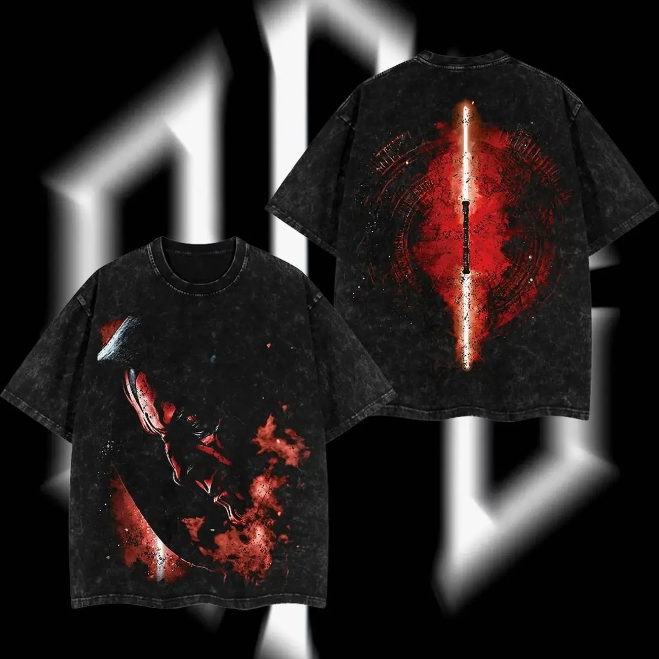 SuperStyle Darth Maul "Dark Side Warrior" Edition Oversize Lightweight Acid Washed Cotton T-Shirt, Double-Printed Vintage Graphic Tee, Classic Round Neck Soft Apparel for Men's Streetwear & Sci-Fi Fans SI4