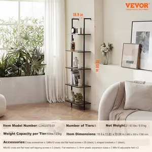 VEVOR Ladder Shelf, 5-Tier Bookshelf 17.3x11.8in, Open Wall-Mounted Ladder Shelf with Metal Frame, Storage Rack Sundries Holder for Kitchen Bedroom Bathroom Living Room, Black