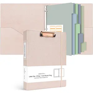3 Ring Binder with Clipboard, 1 Inch Leather, Letter Size (8.5" x 11"), Clipboard Binder with 5 Tab Dividers, Rose