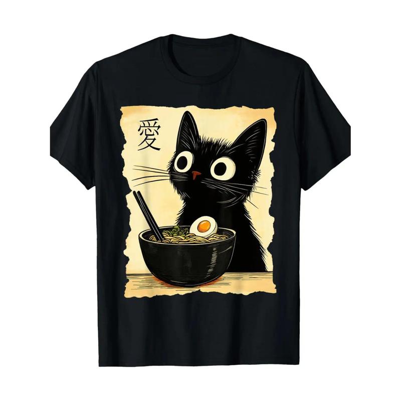 Summer T Shirts Whimsical Cat Noodle Design Black T-Shirt Kawaii Japanese Anime Style Graphic Tee 100 Cotton Short Sleeve Round Neck Casual Wear For Adults T-Shirt For Men and Women