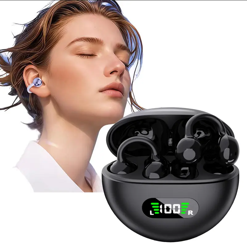 TEMPOMIND Clip-On Open Ear Wireless Earbuds with Round Rechargeable Portable Charging Case, Wireless Hands-Free Rechargeable Super Portable In-Ear Headphones for Daily Outdoor Listening, Rechargeable Batteries In-Ear Headphones