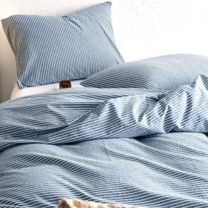 - Striped  Duvet Cover Set,  Washed  Textured Percale Beddg Set, Tickg Stripe Pstripe Farmhouse, 3 count, Denim Blue,  Size