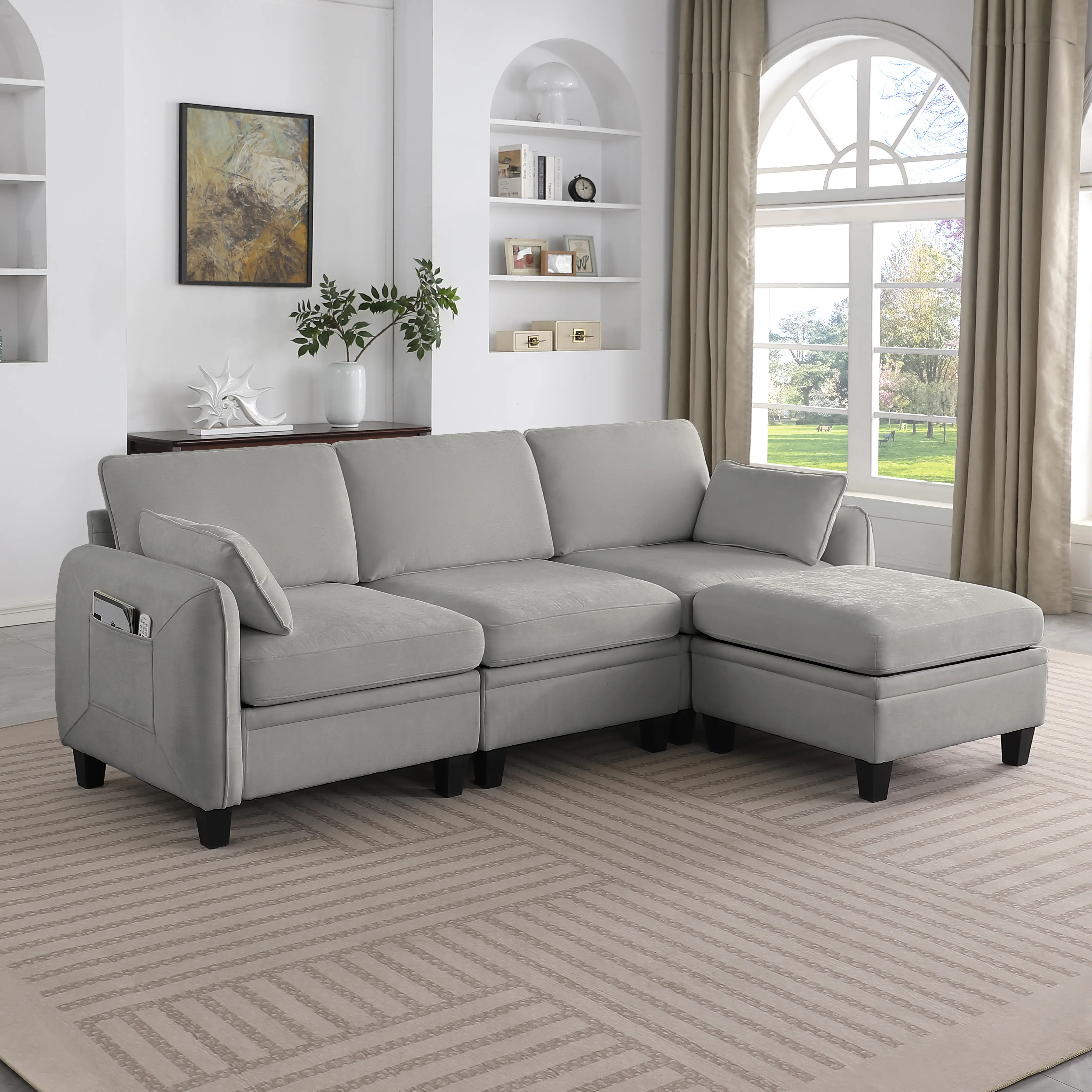 85 Inch GRAY Chenille Modular Sectional Sofa, L-Shaped Cloud Couch with Storage Ottoman, DIY Combination for Living Room