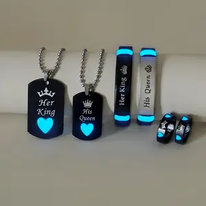 6pcs Set Glow-in-the-Dark Heart Crown "Her King His Queen" Stainless Steel Couple Necklace Bracelet Ring Set, Women's Fashion Love Promise Gift JewelryThe perfect gift choice.