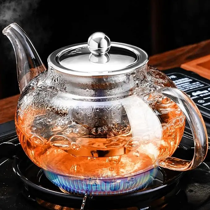Glass Teapot Stovetop 20 OZ/600ml, Tea pot with Removable 18/8 Stainless Steel Infuser, Borosilicate Clear Tea Kettle, Teapot Blooming and Loose Leaf Tea Maker Tea Brewer for Camping, Travel