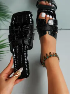 Women's Fashionable Crocodile Embossed Flat Sandals, Casual Comfortable Slide Sandals for Summer, Lightweight Breathable Shoes for Daily Wear, Girl