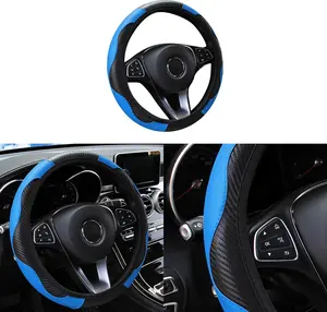 Steering Wheel Cover, 15 inch Carbon Fiber Microfiber PU Leather Elastic Steering Wheel Protector for Men Women, Anti-Slip Breathable  Interior Accessories for   (Blue)