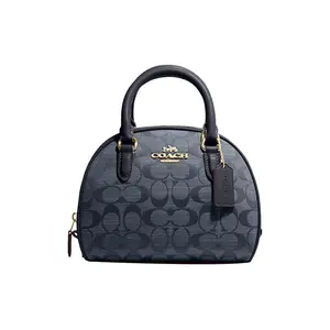 COACH Sydney 20 Classic Monogram Zip Top Handle Crossbody Bag for Women, Chambray Canvas and Leather, Navy Blue