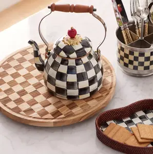 MacKenzie Chills Courtly Check 2-Qt Tea Kettle, Hand-Painted Enamel Whistling Stovetop Teapot with Decorative Handle, Farmhouse Kitchen Decor