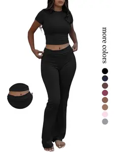 2026 Spring Summer Women's 2 Piece Outfits, Short Sleeve Crop Top + Ruched Foldover Waist Flare Leg Pants Set, Stretchy Slim Fit Casual Tracksuit for Yoga, Workout & Daily Wear