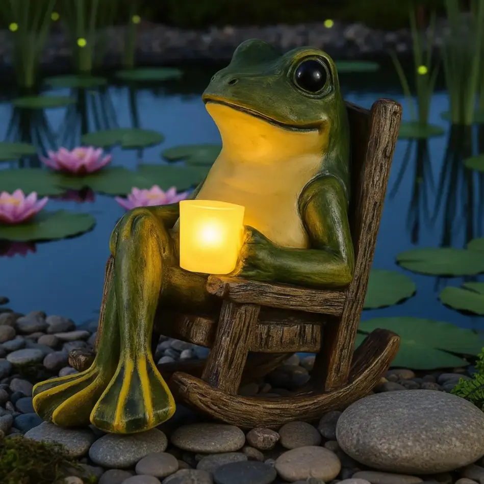 Solar Powered Frog Garden Statue Funny Rocking Chair Figurine Outdoor LED Light Decoration Waterproof Resin Frog Holding Cup Night Glowing Lamp for Yard Patio Lawn Balcony Walkway Whimsical Cottagecore Decor Creative Housewarming Mothers Day Gift Single