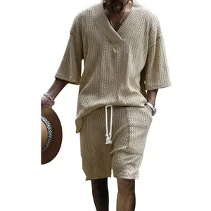 Men's Solid Drop Shoulder Knit Top & Shorts Two-Piece Set, Loose Casual Fashion Cozy Breathable Short Sleeve T-shirt & Shorts for Daily Outdoor Wear, Menswear for Summer, Clothing