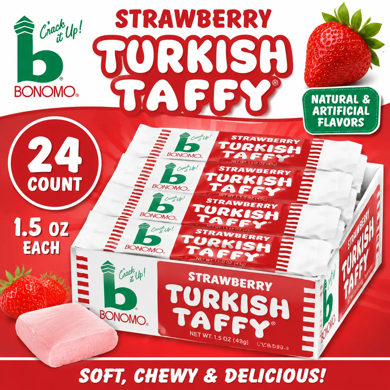 Bonomo Turkish Taffy Strawberry Candy Bars 1.5 oz 24 Count  Classic Chewy Strawberry Taffy | Retro Individually Wrapped Candy Treats